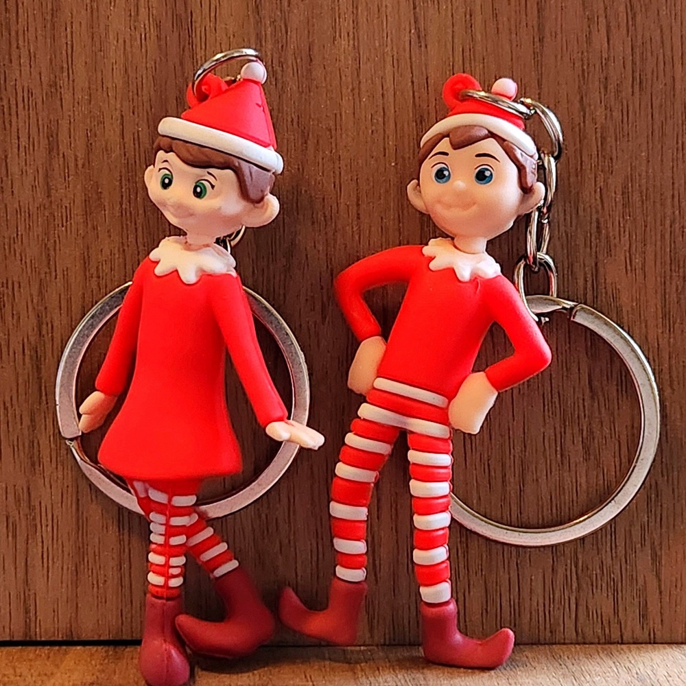 Christmas Elf Keychain Set Boy and Girl Holiday Bag Charm Red White 2.5 inch